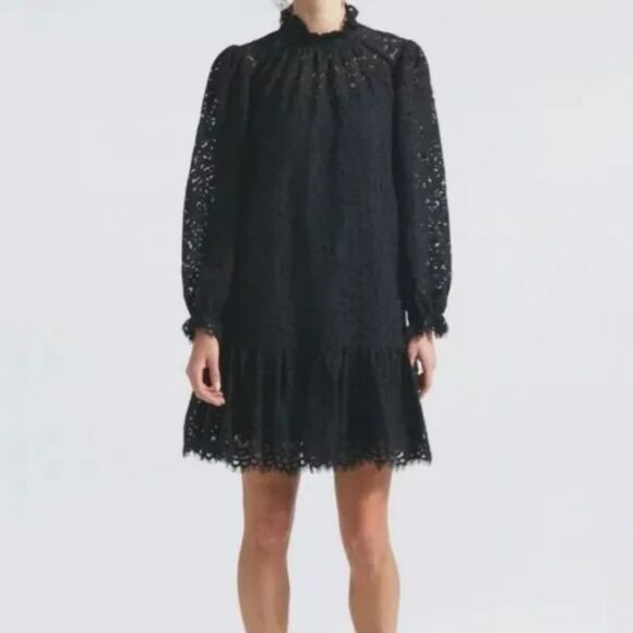 J.Crew Black Lace Puff Sleeve High Neck Ruffle Mini  Size Large - Picture 4 of 9